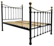 Victorian design black finish metal 4' 6'' double bedstead with brass finials