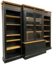 Contemporary polished pine and black finish break-front bookcase