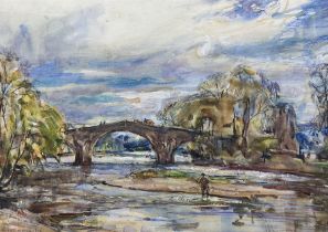Rowland Henry Hill (Staithes Group 1873-1952): River Landscape with Angler and Bridge
