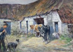 George Smith (Scottish 1870-1934): Cattle and Sheepdog in the Farmyard