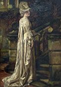 Alfred Dixon (British 1842-1919): 'Lady Jane' - Lady with Fan at the Foot of a Staircase