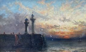 Richard Weatherill (British 1844-1913): Whitby Piers at Sunset