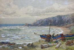 Albert George Stevens (Staithes Group 1863-1925): Whitby Cobles at Runswick Bay