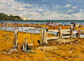 Peter Lapish (British 1937-): 'Groynes Cliffs Sand and People - Sandsend Whitby'