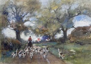Rowland Henry Hill (Staithes Group 1873-1952): North Yorkshire Foxhounds on a Country Lane