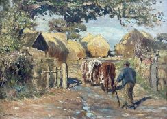 James William Booth (Staithes Group 1867-1953): Driving Cattle towards Hayricks