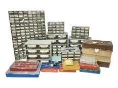 Extensive collection of ‘00’ gauge locomotive building parts housed in labelled plastic and metal dr