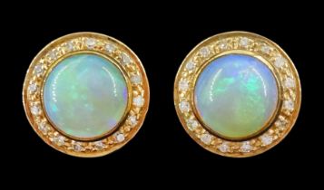 Pair of 9ct gold opal and round brilliant cut diamond circular stud earrings