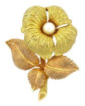 19ct rose and yellow gold flower brooch set with a single pearl