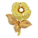 19ct rose and yellow gold flower brooch set with a single pearl