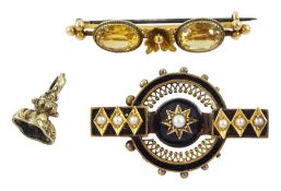 Victorian gold black enamel and split pearl mourning brooch