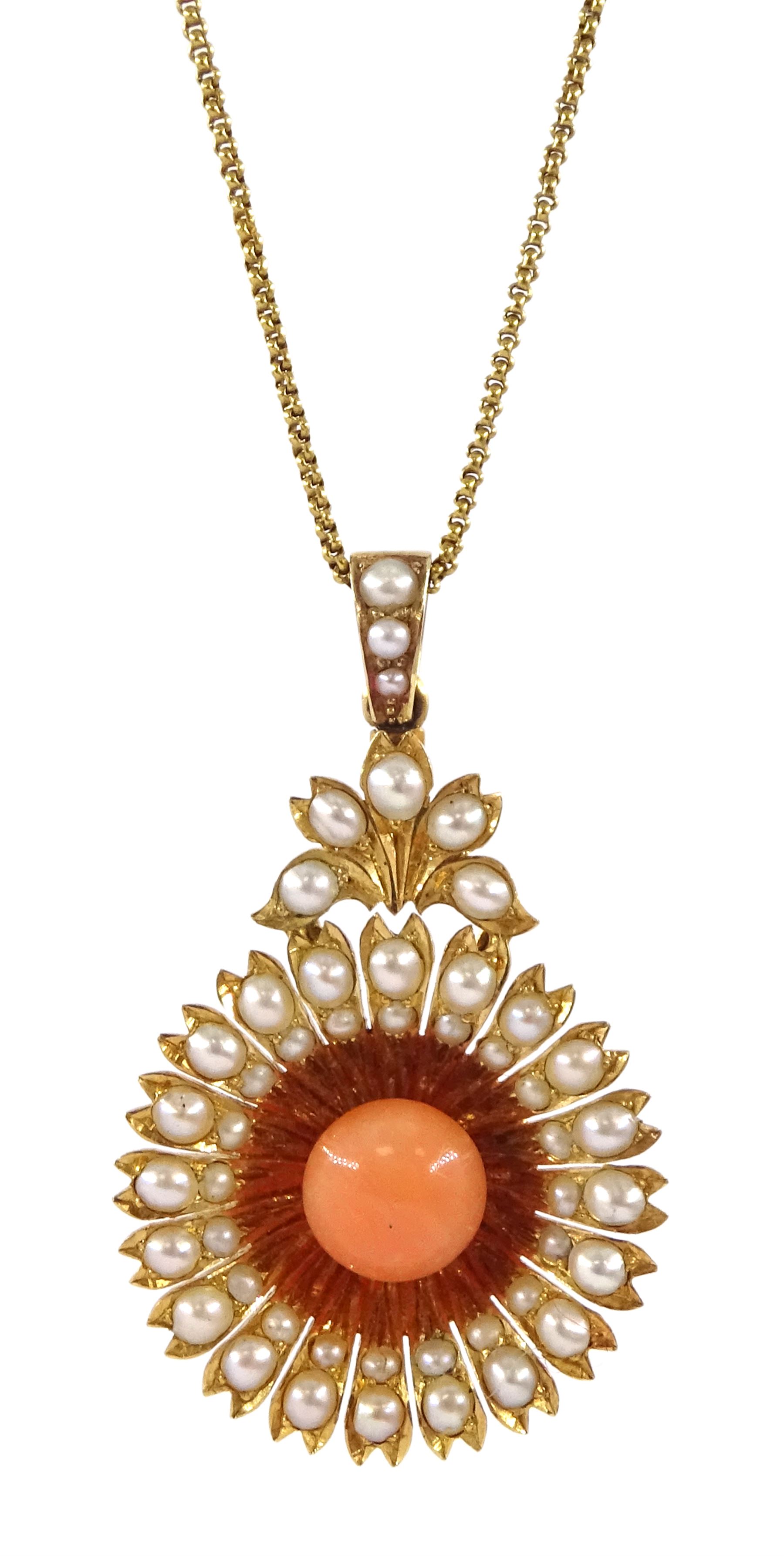 Gold coral and split pearl flower pendant