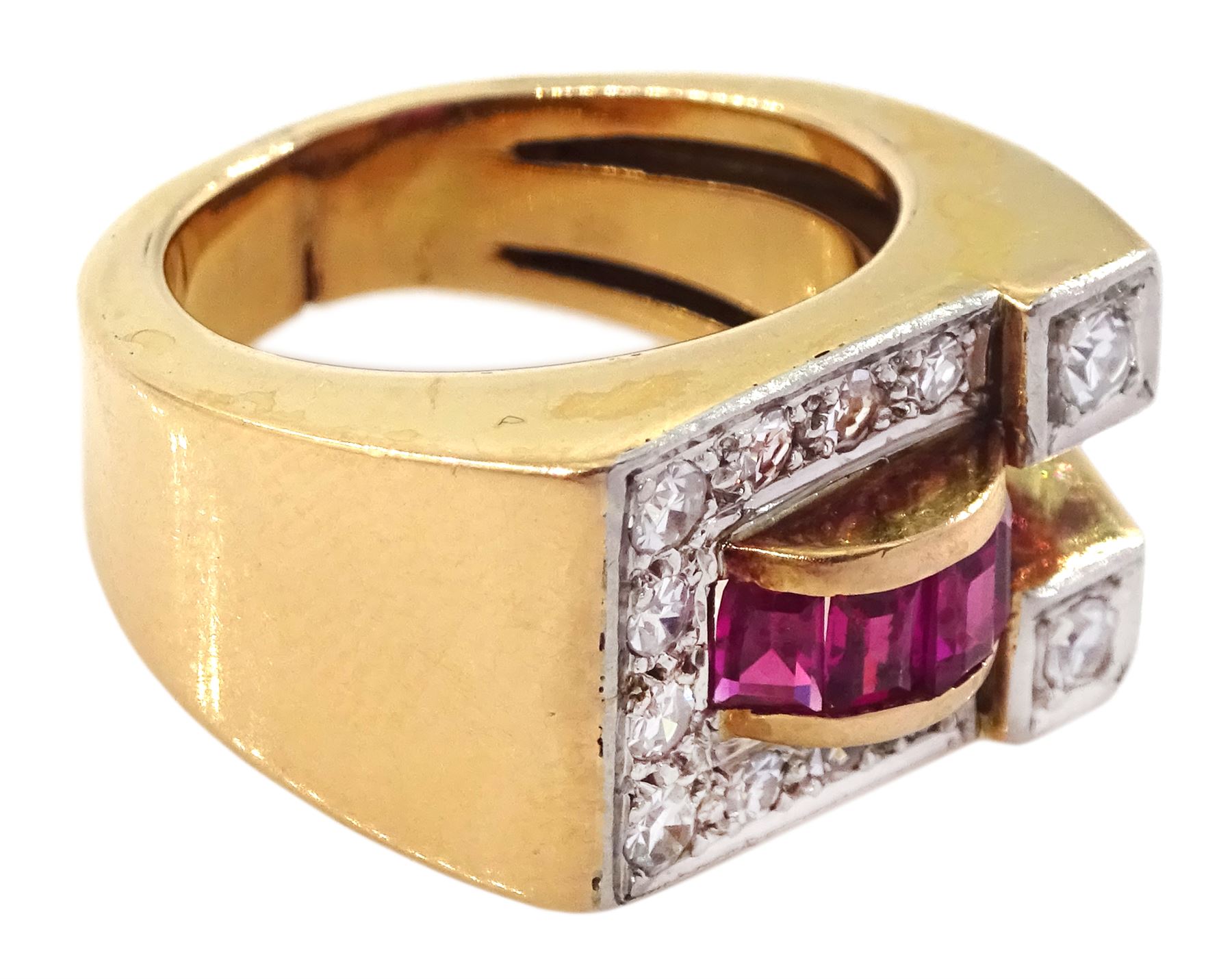 14ct rose gold and platinum calibre cut ruby and single cut diamond abstract design ring - Image 3 of 4