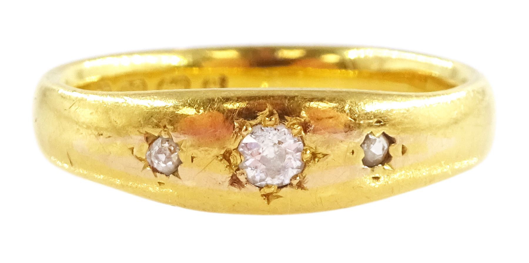 Victorian 22ct gold gypsy set three stone old cut diamond ring