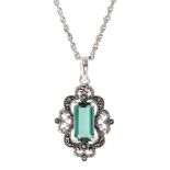 Silver green quartz and marcasite pendant necklace