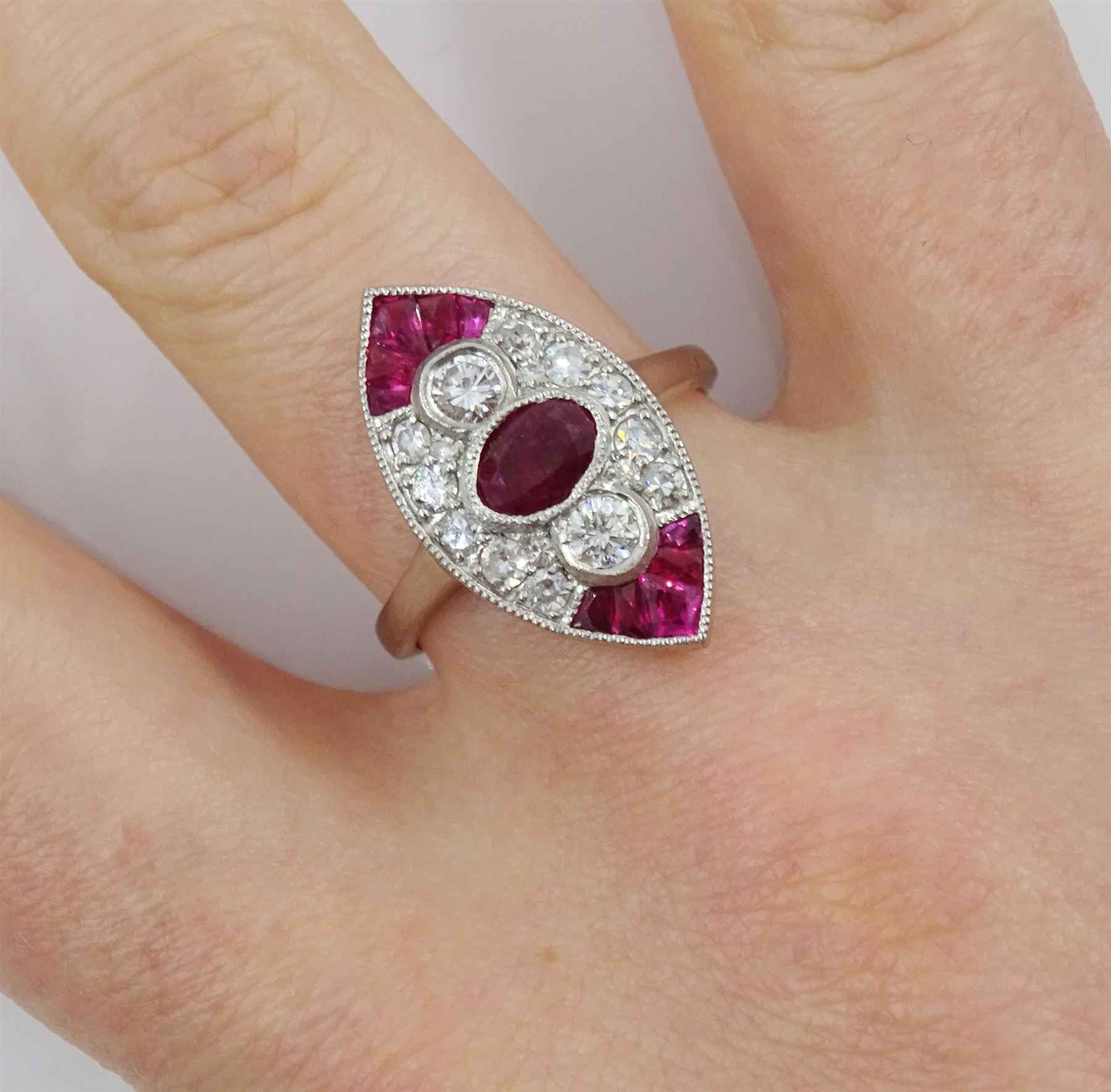 Platinum ruby and diamond marquise shaped ring - Image 2 of 4