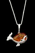 Silver amber whale pendant necklace