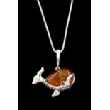 Silver amber whale pendant necklace