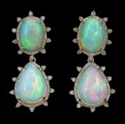 Pair of silver and gold opal and round brilliant cut diamond pendant stud earrings