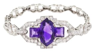 Art Deco platinum amethyst and milgrain set diamond bracelet