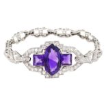 Art Deco platinum amethyst and milgrain set diamond bracelet