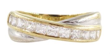 14ct white and yellow gold channel set cubic zirconia crossover ring