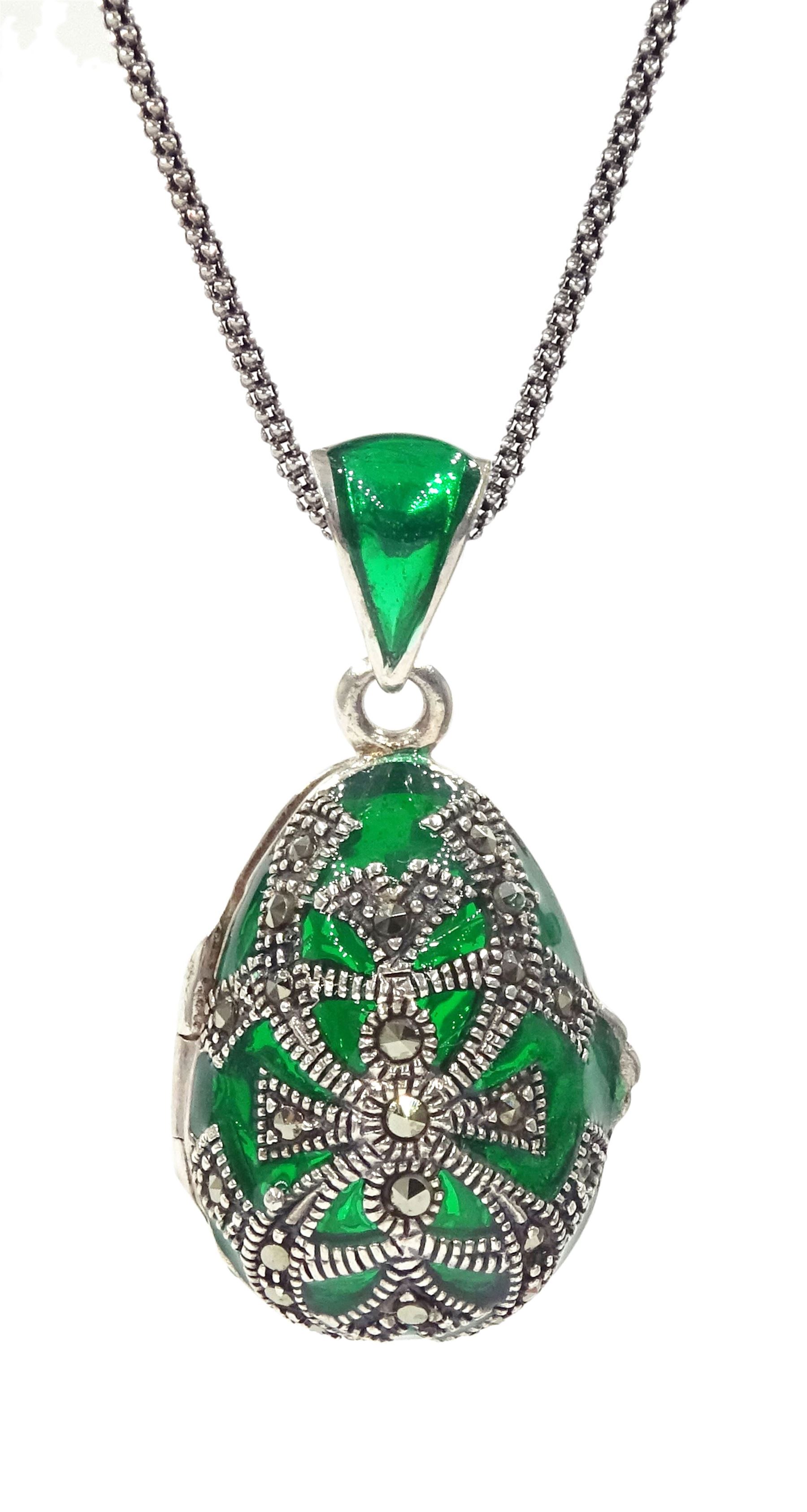 Silver green plique-a-jour and marcasite locket pendant necklace