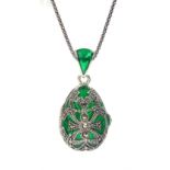 Silver green plique-a-jour and marcasite locket pendant necklace