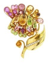 Gold multi gemstone flower set brooch