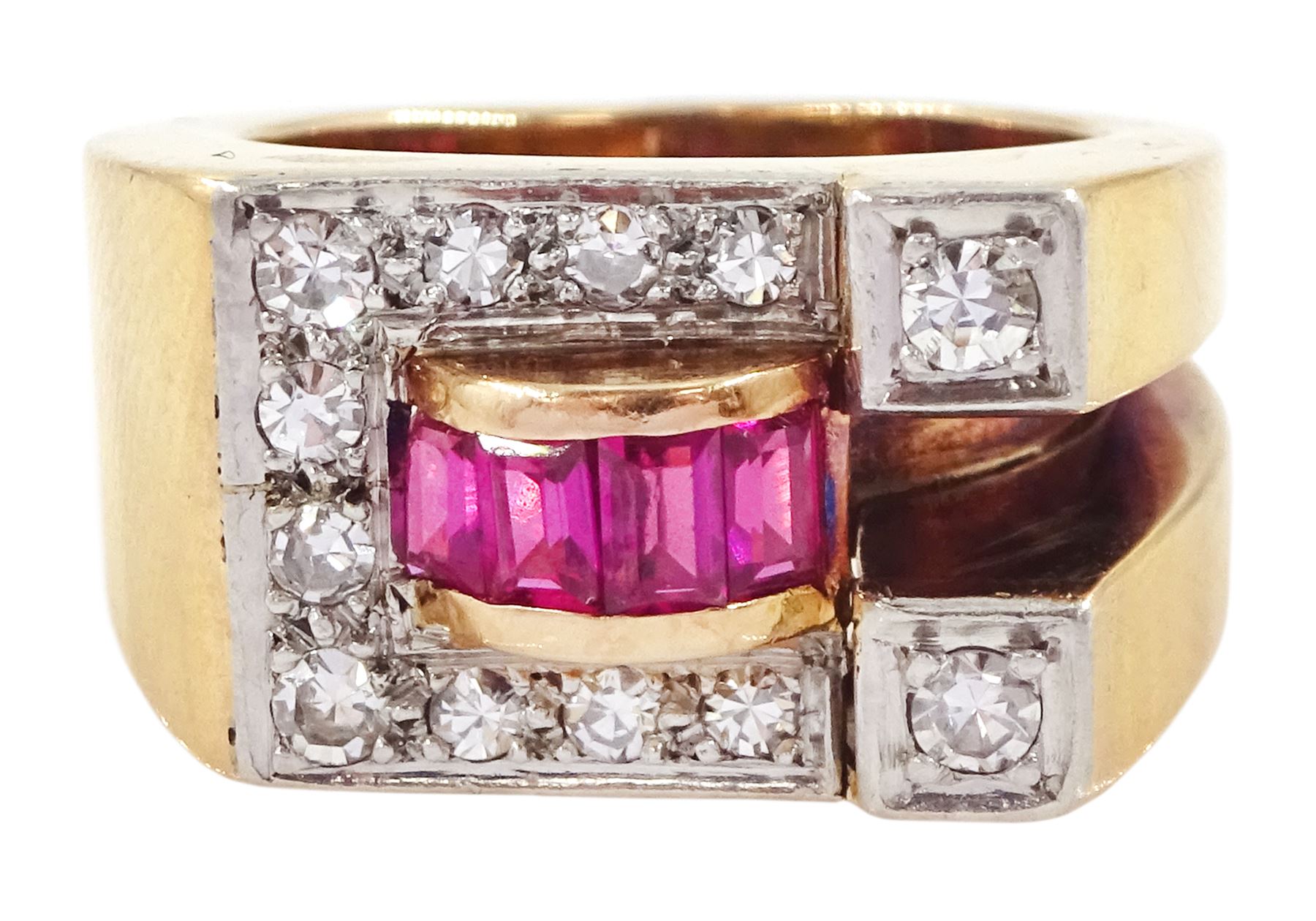 14ct rose gold and platinum calibre cut ruby and single cut diamond abstract design ring