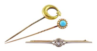 Early 20th century gold turquoise and pearl stick pin