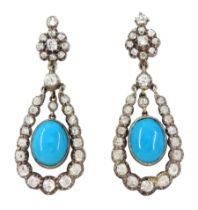 Pair of 19th / early 20th century gold and silver turquoise and old cut diamond pendant earrings