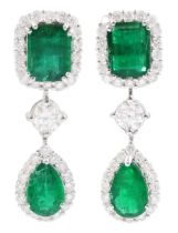Pair of 18ct white gold emerald and diamond pendant stud earrings