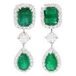 Pair of 18ct white gold emerald and diamond pendant stud earrings