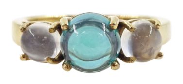 9ct gold three stone cabochon green topaz and moonstone ring
