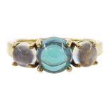 9ct gold three stone cabochon green topaz and moonstone ring
