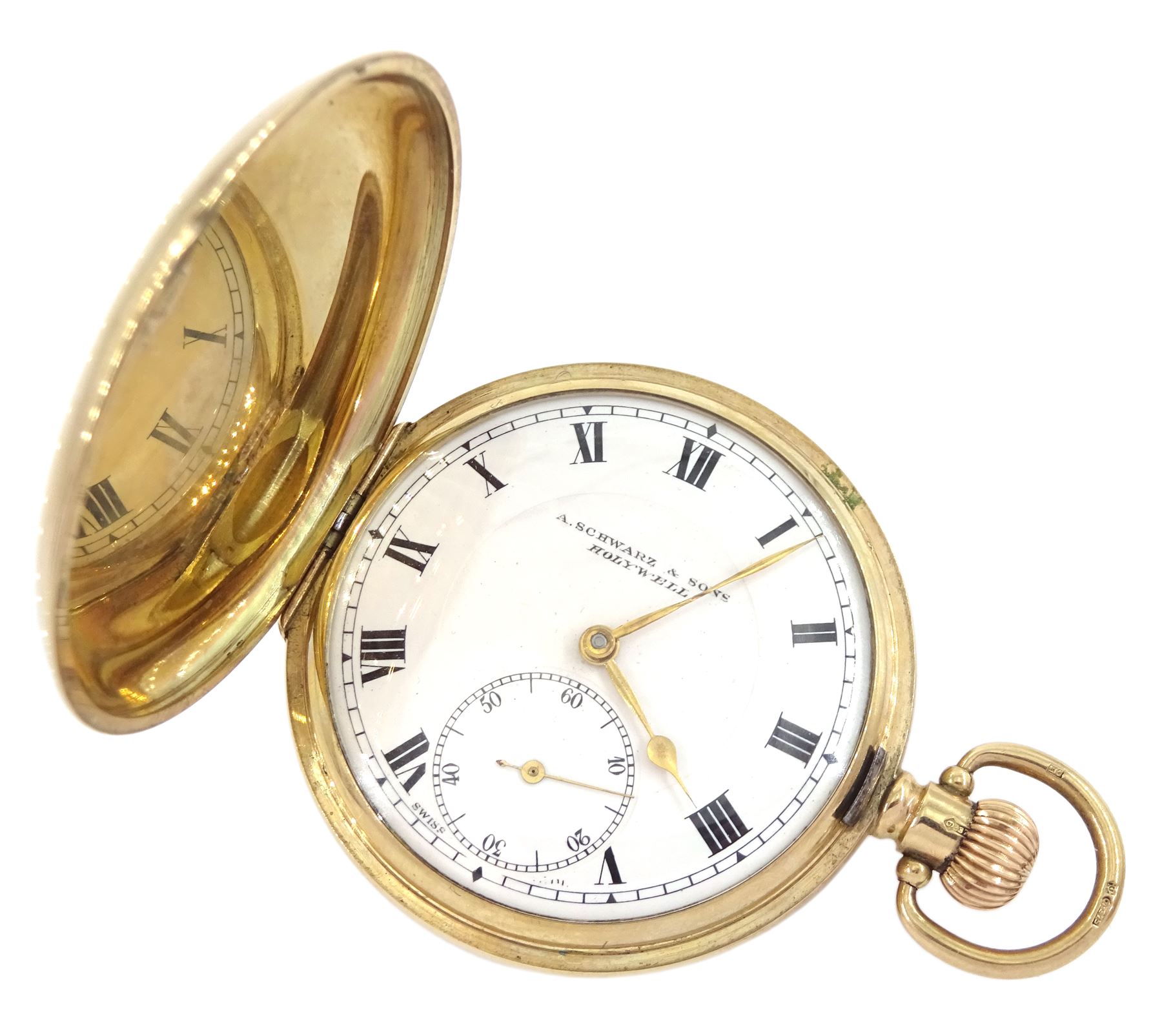 Early 20th century 9ct full hunter lever pocket watch by A Schwarz & Son