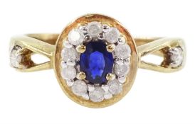 9ct gold oval cut sapphire and round brilliant cut diamond cluster ring