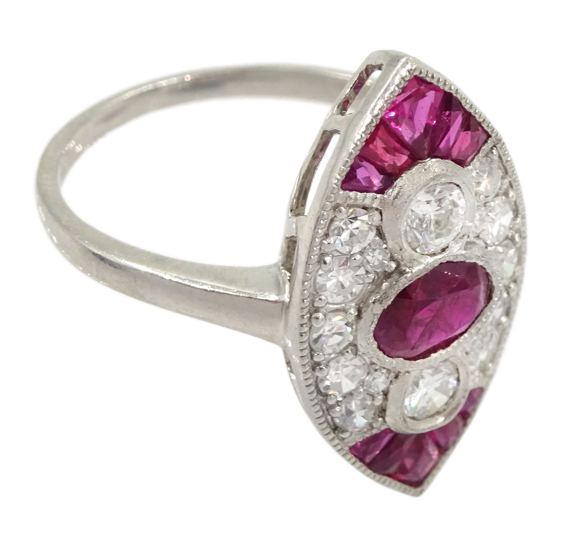 Platinum ruby and diamond marquise shaped ring - Image 3 of 4