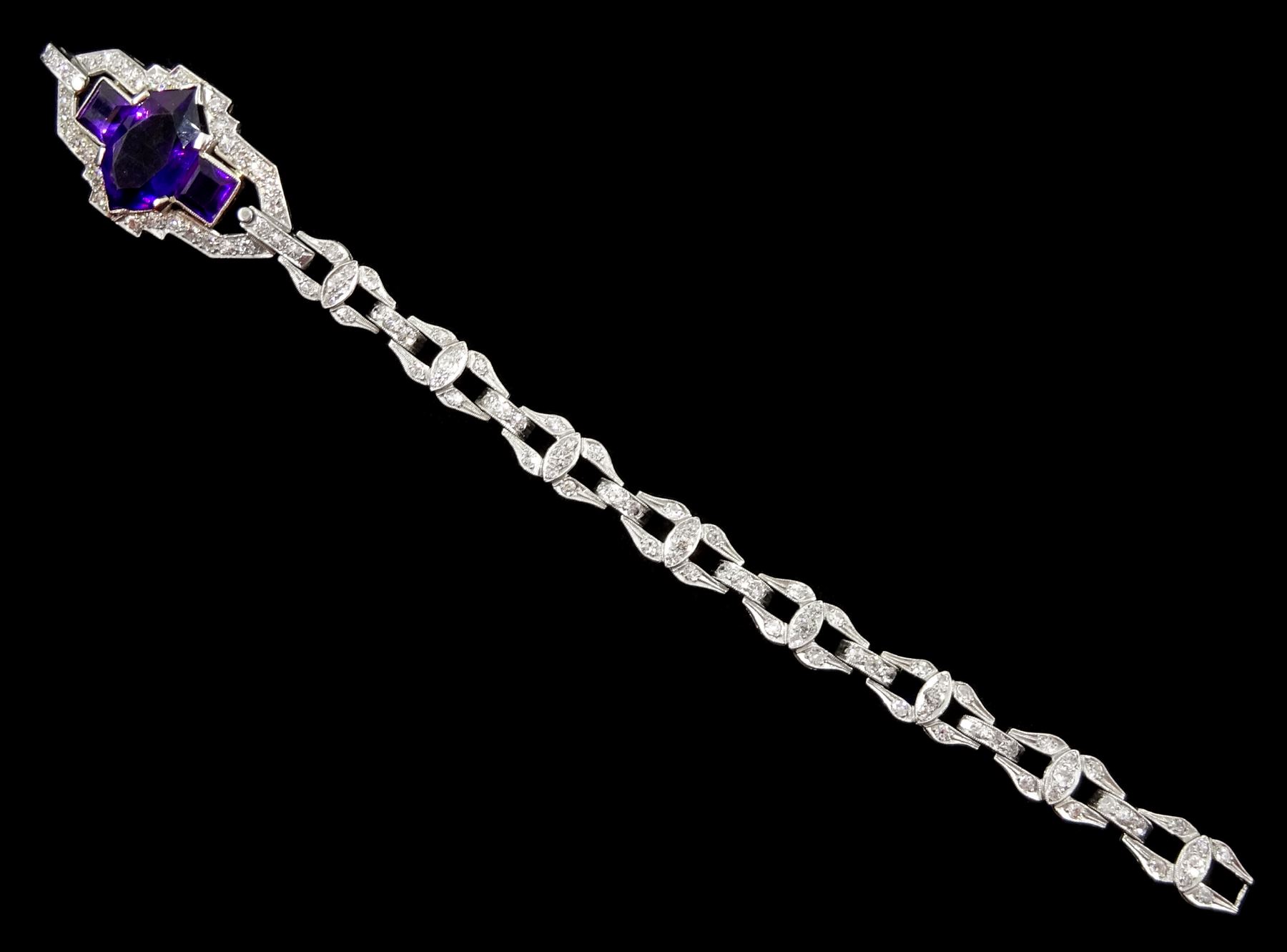 Art Deco platinum amethyst and milgrain set diamond bracelet - Image 2 of 2