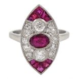 Platinum ruby and diamond marquise shaped ring