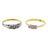 Two early - mid 20th century 18ct gold and platinum three stone diamond chip rings