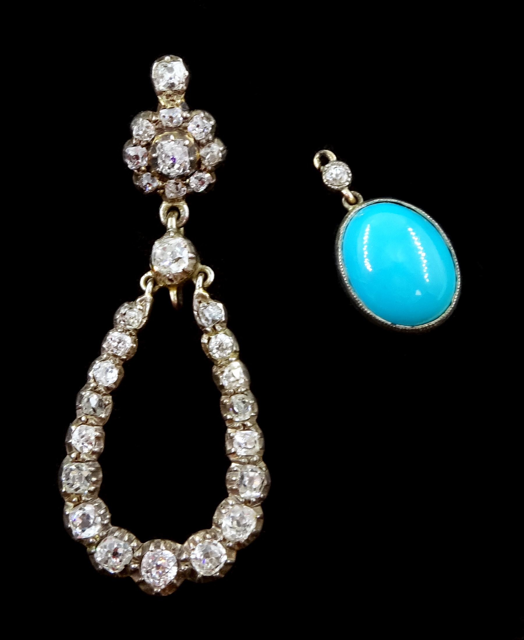 Pair of 19th / early 20th century gold and silver turquoise and old cut diamond pendant earrings - Image 5 of 5