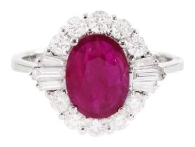 18ct white gold oval cut ruby and round brilliant cut diamond cluster ring