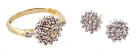 9ct gold diamond chip cluster ring and pair of matching stud earrings