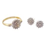 9ct gold diamond chip cluster ring and pair of matching stud earrings