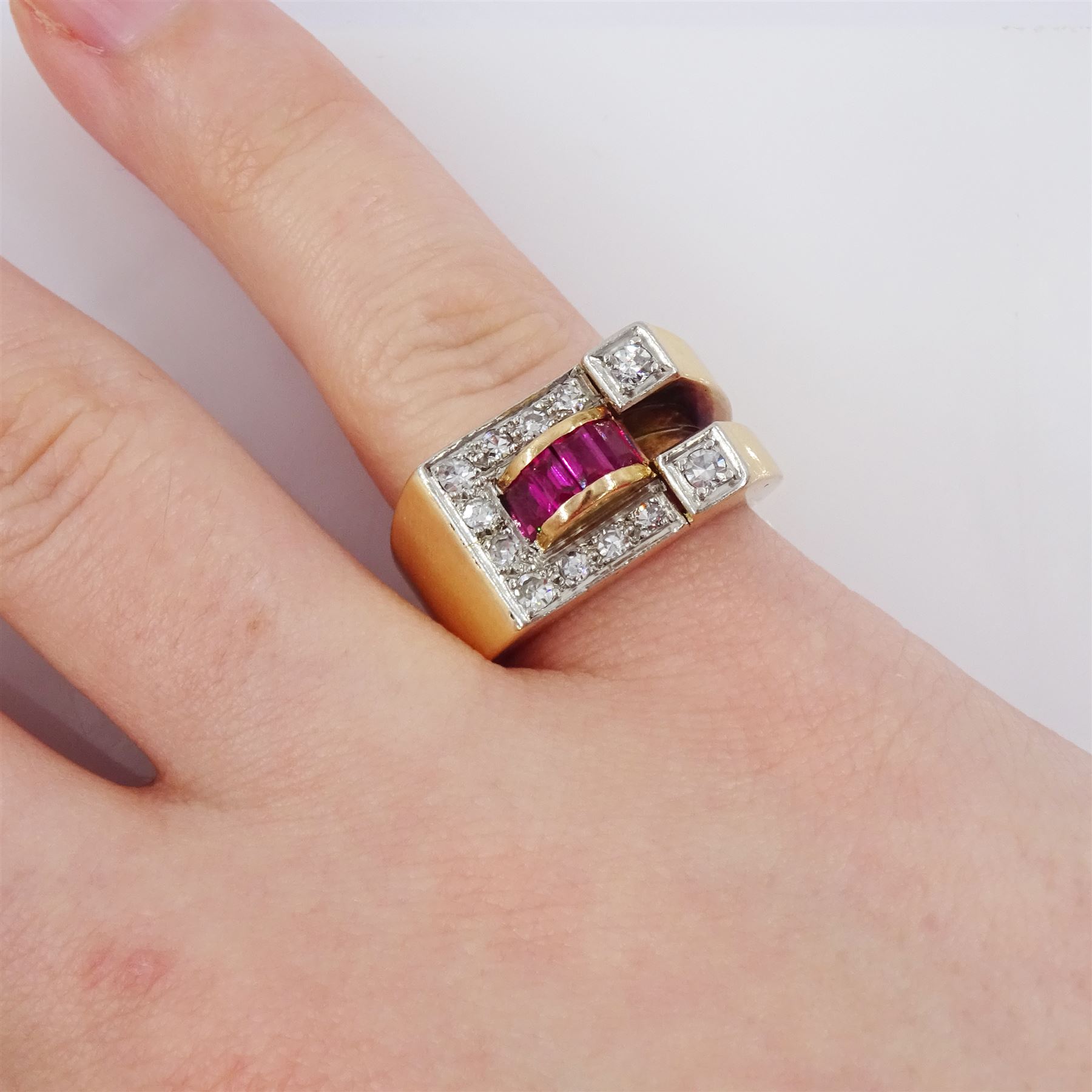 14ct rose gold and platinum calibre cut ruby and single cut diamond abstract design ring - Image 2 of 4