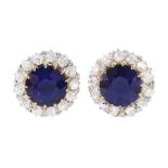 Pair of gold and platinum sapphire and diamond circular cluster stud earrings