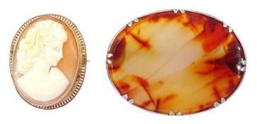 Victorian silver agate brooch and a later 9ct gold cameo brooch