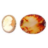 Victorian silver agate brooch and a later 9ct gold cameo brooch